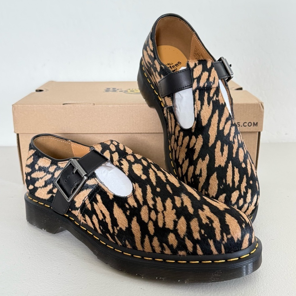 NEW DR MARTENS Genuine Calf Hair Black Camel T-Bar Shoe EU 45 US M 11 W 12